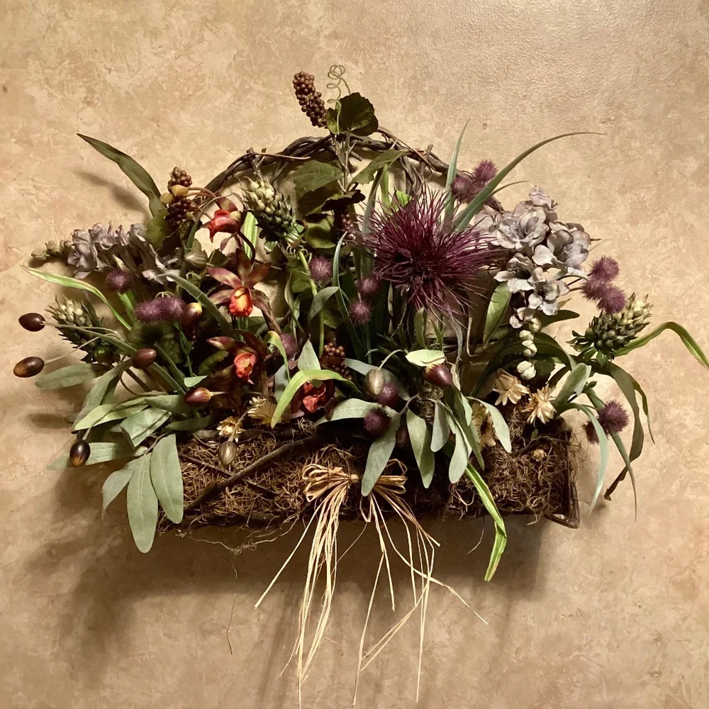 Grapevine Wall or Table Arch Basket w/ Red Purple Blue Green Florals and Raffia